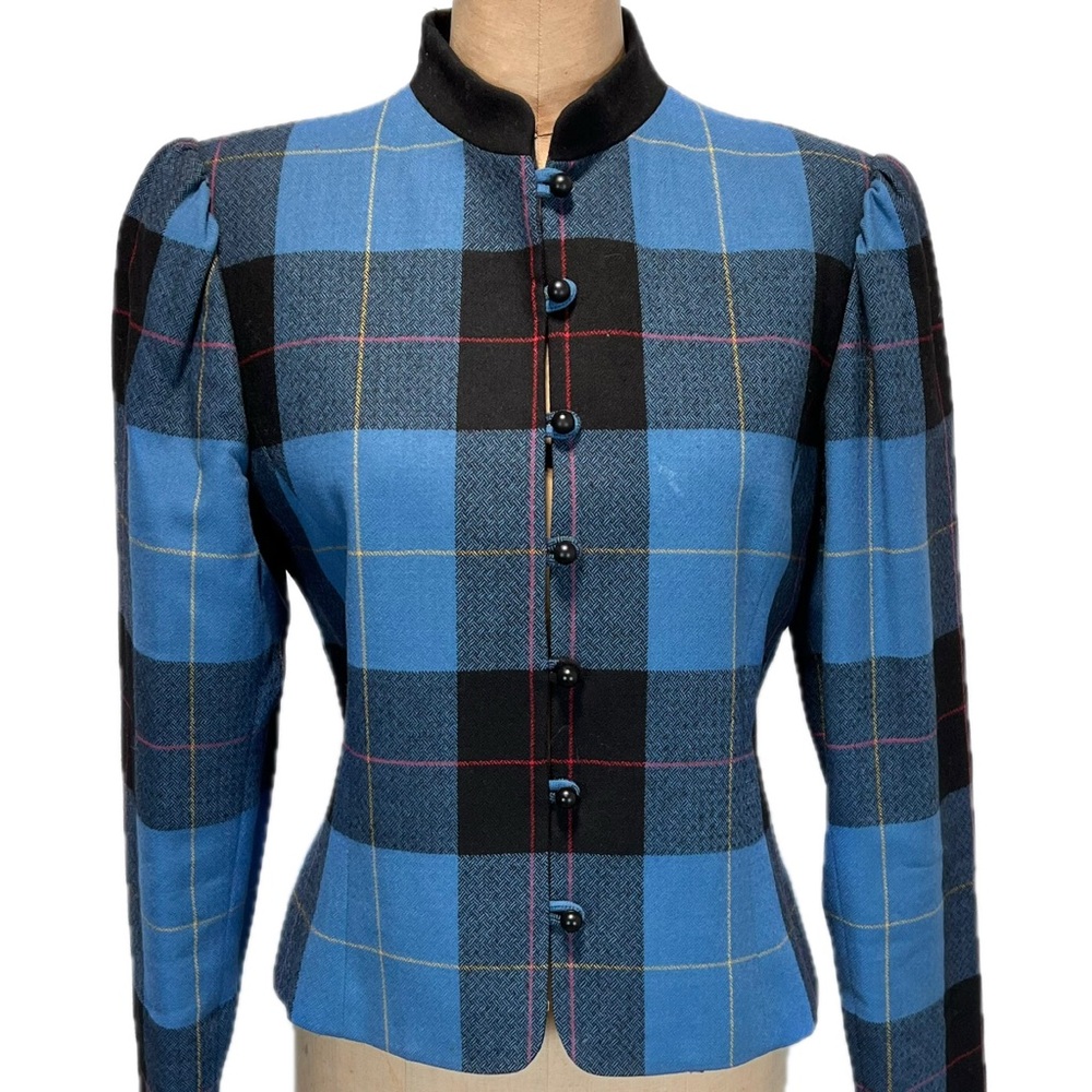 VINTAGE 80s wool tartan plaid blazer jacket button front collarless tailored 90s - Picture 7 of 12